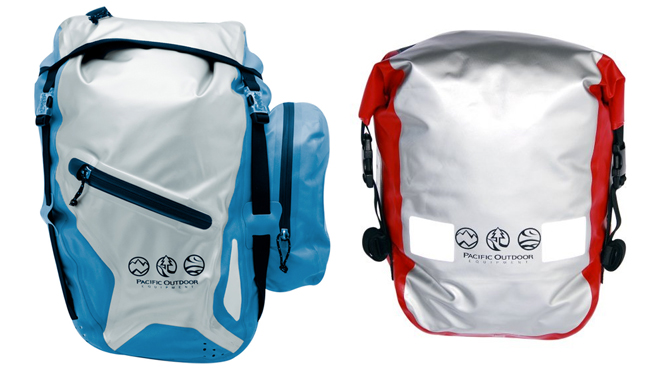 two waterproof panniers blue and red