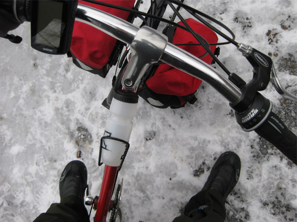 Bike Friday New World Tourist folding bicycle handlebars in the snow