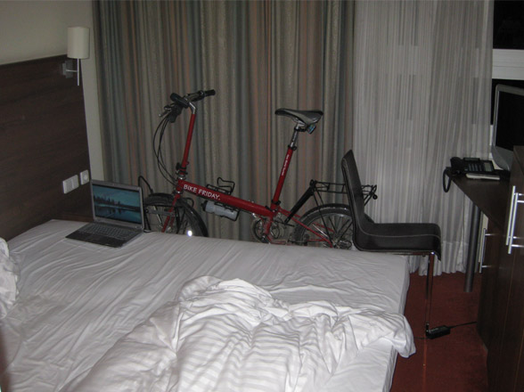 bike friday folding bicycle inside hotel room