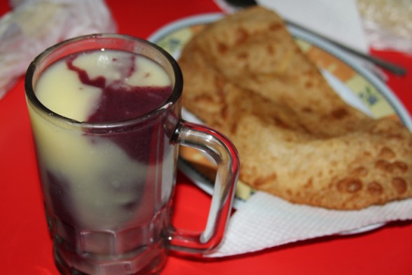 peruvian corn drink and empanada