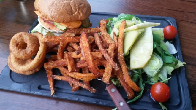 Veggie burger with sweet potato french fries