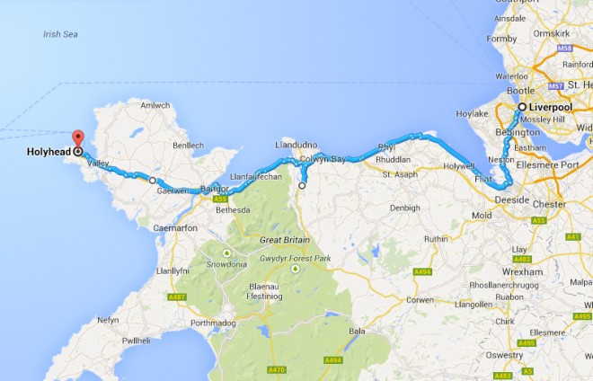 Holyhead Wales to Liverpool England bicycle route