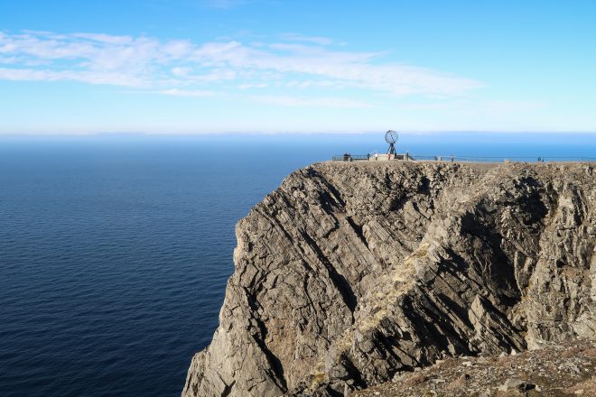 The North Cape globe, cliff and sea in Nordkapp Norway