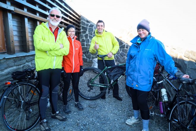 Mark Hyett, Jacquie Hyett, Terri Jockerst and bicycle tourists in Nordkapp Norway
