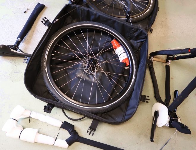 Co-Motion cycles travel case with rear wheel inside